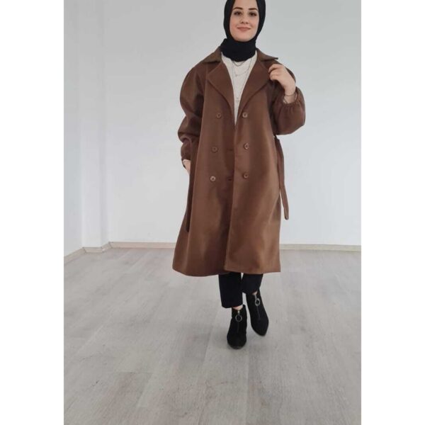 Kahverengi renkte Balon Kol Kaşe Trenç (Tesettür Trençkot) XL beden ürün görseli