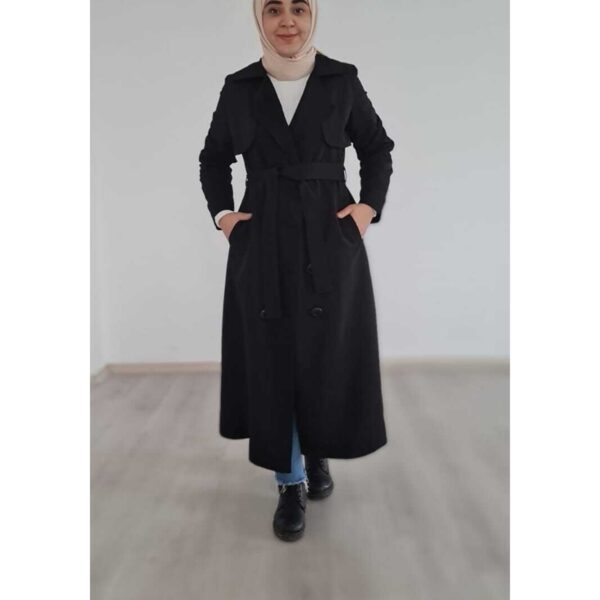 Siyah renkte Keten Trençkot (Tesettür Trençkot) 40, 42, 44 beden ürün görseli