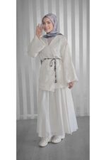 Krem renkte Kimono Etekli Takım (Tesettür Alt - Üst Takım) L, XL beden ürün görseli
