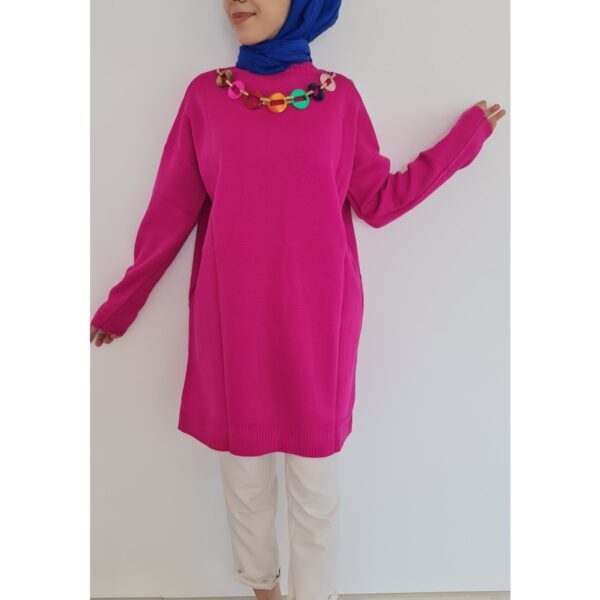 Pembe renkte Kolye Detay Çelik Örgü Triko Tunik (Tesettür Kazak) Standart beden ürün görseli